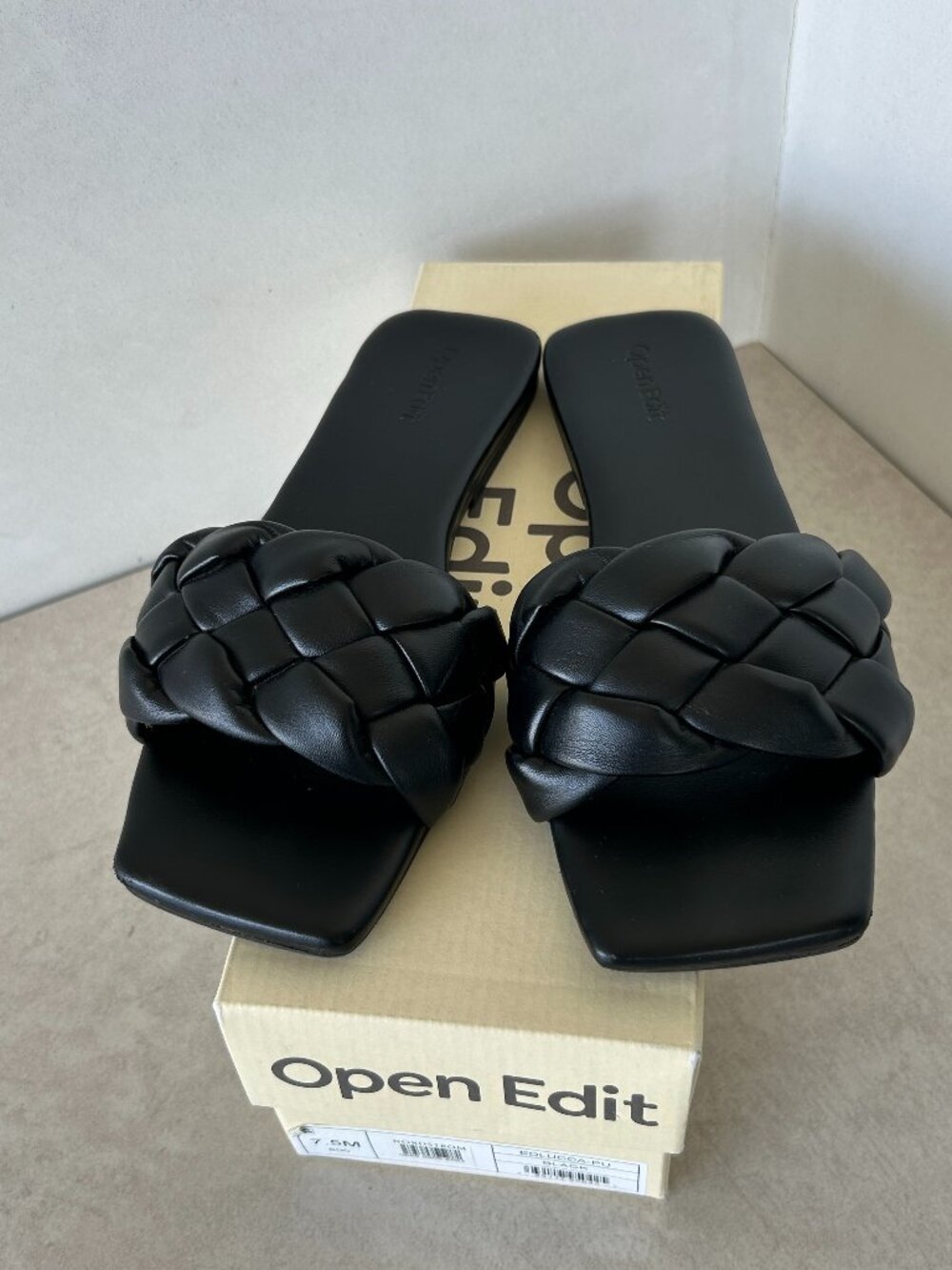 Open Edit Edlucca Black Woven Padded Slide Sandals Size 7.5M Square Toe
